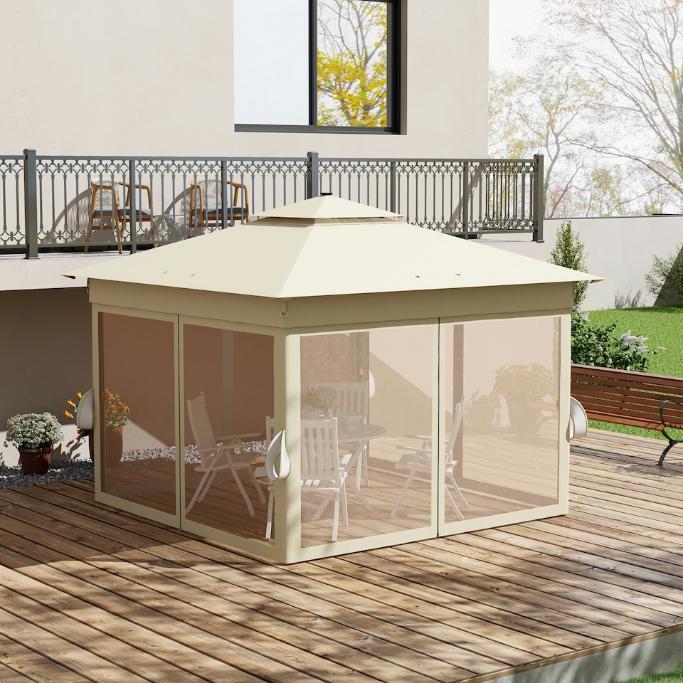 image 1 of Outsunny 3.36x3.36m Pop Up Gazebo w/ Solar-Powered LED Lights Netting Khaki