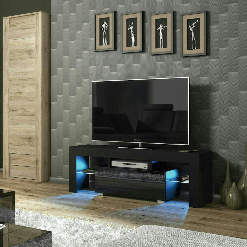 image 1 of TV Unit 130cm Black Gloss Door Black Matt Body with Glass Shelves Free LED Black