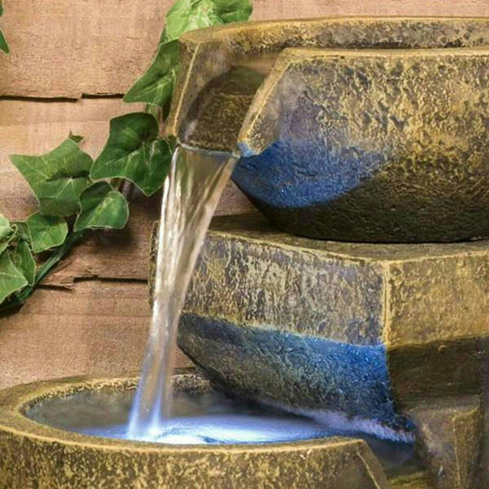 image 1 of Primrose Kendall Stone Effect 3-Tier Cascade Garden Water Feature with LEDs 48cm
