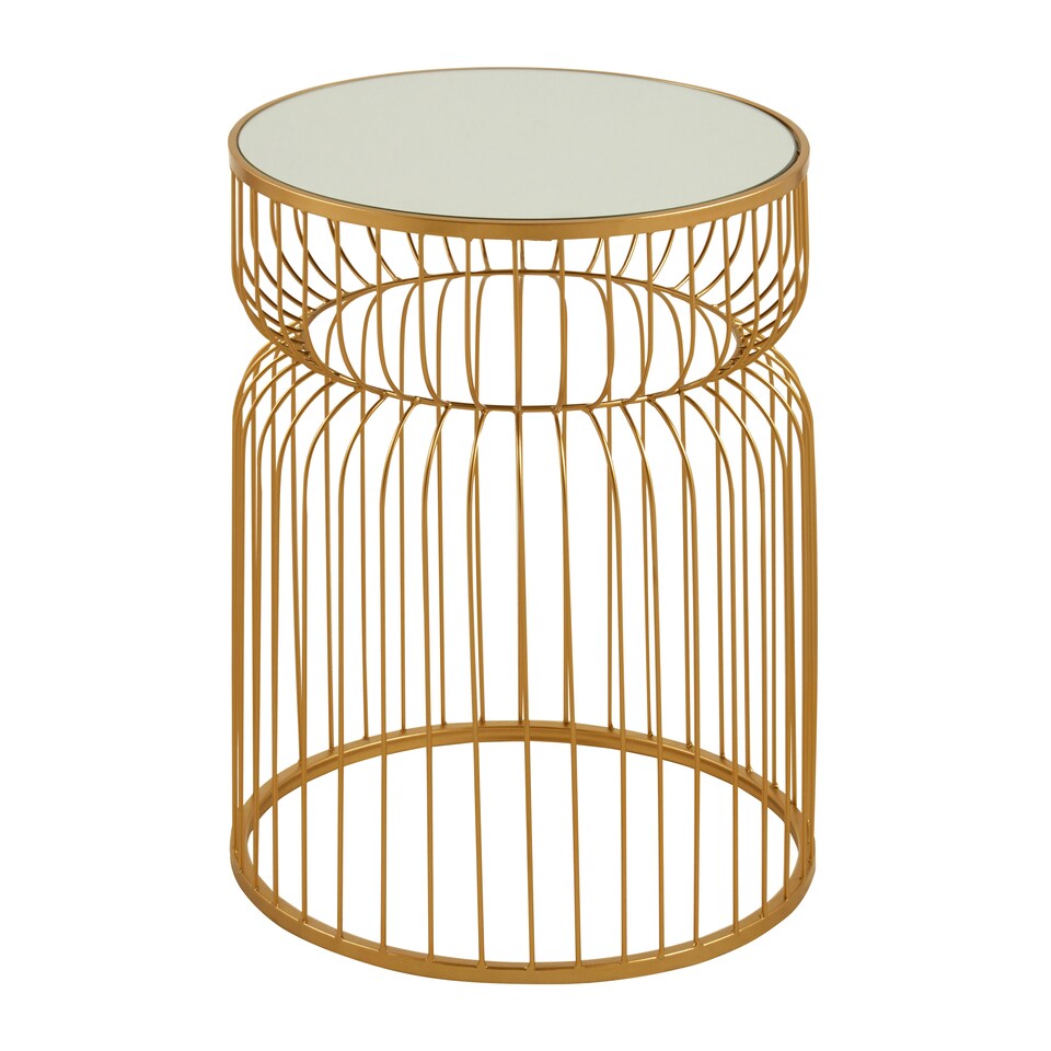 image 1 of Gold Metal Wireframe Round Side Table,Bedside Table With Mirror Top,Metallic Finish Accent Table,Round Table Gold