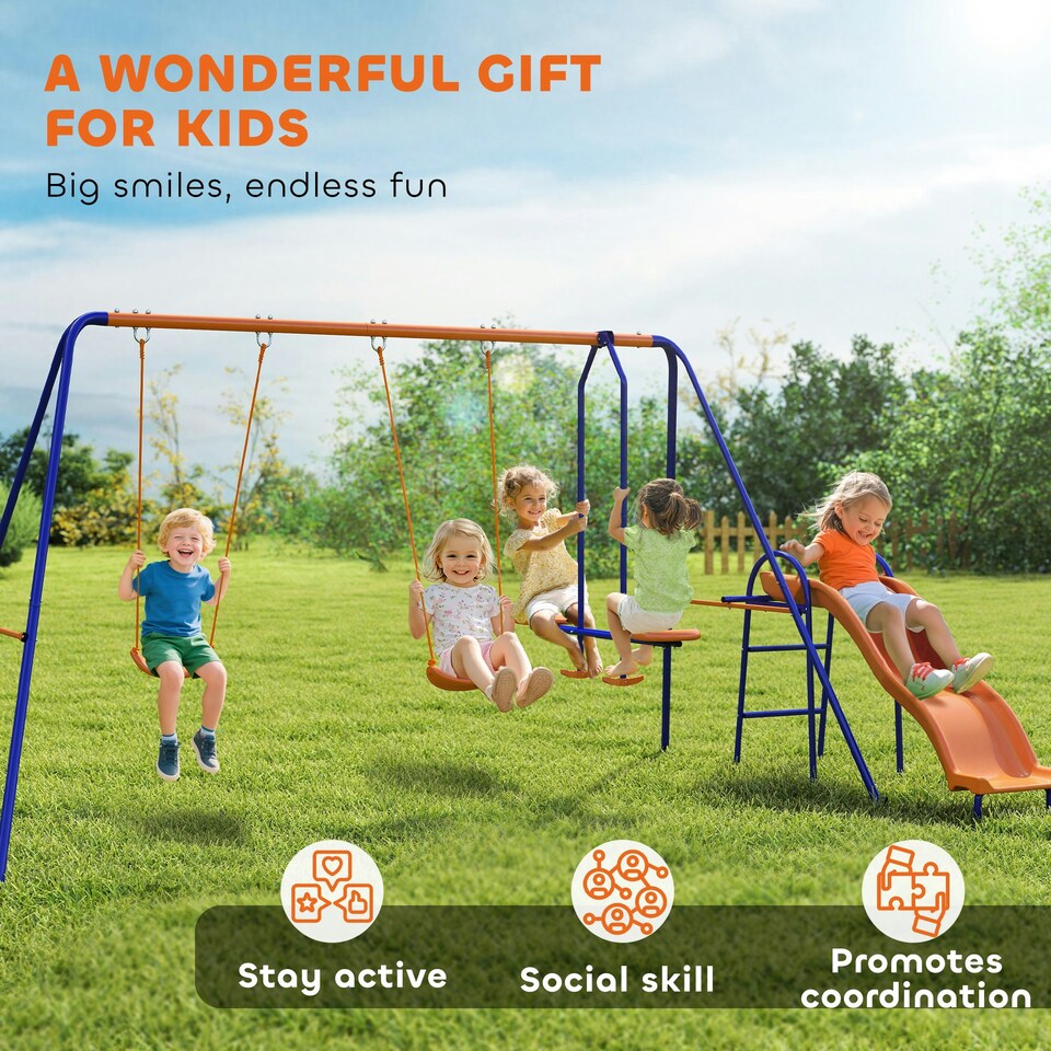 image 1 of Outsunny 4 in 1 Metal Kids Swing Set w/ Double Swings, Glider, Slide, Ladder