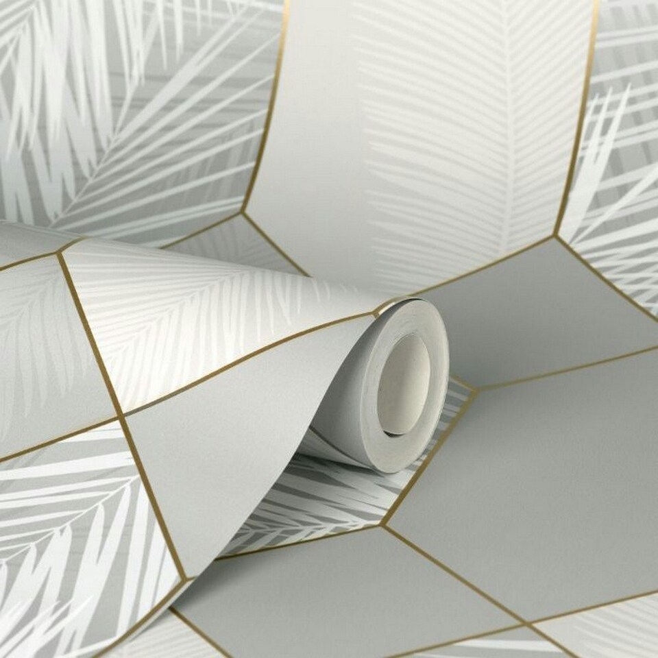 image 1 of Fine Decor Miami Geometric Leaf Wallpaper - Grey - One Size Grey