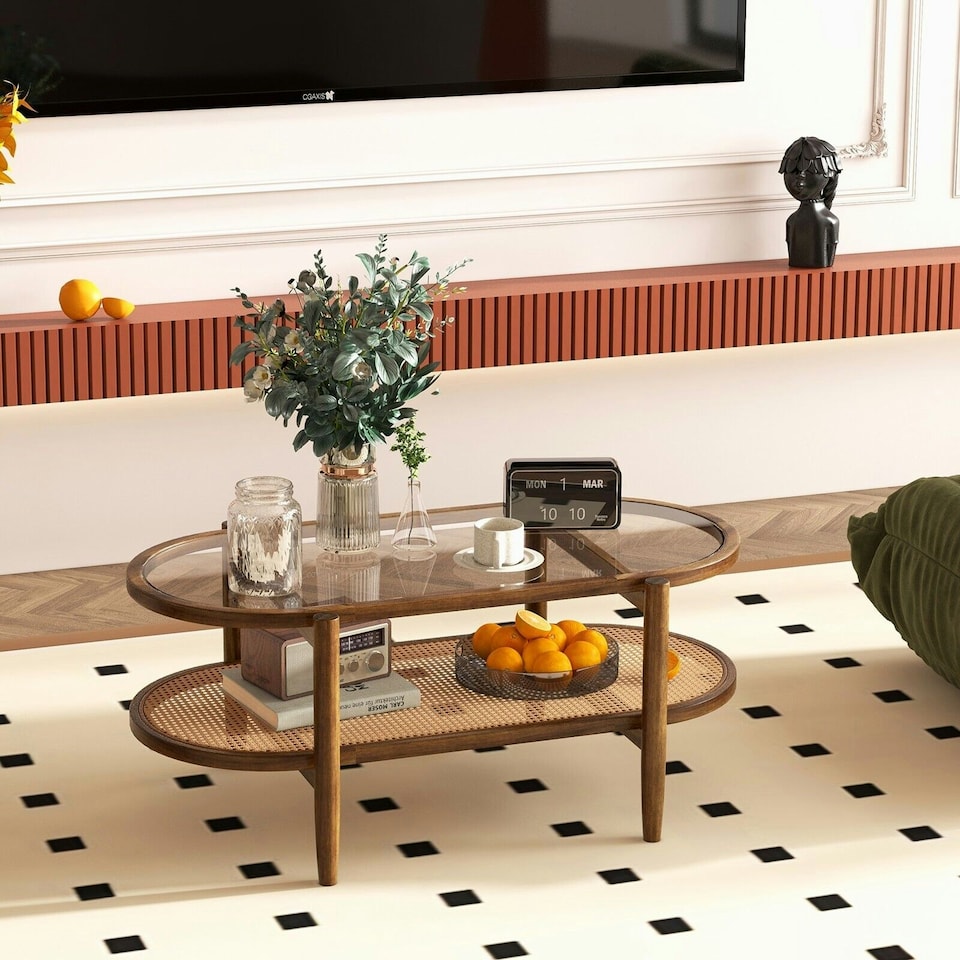 image 1 of COSTWAY 2-Tier Coffee Table Rattan Center Cocktail Tea Table Brown