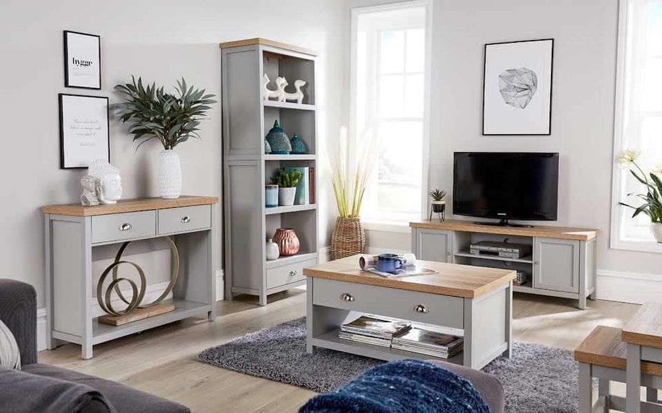 image 1 of Grey Oak Corner TV Stand Two Tone 1 Drawer Cabinet Television Unit Cable Tidy