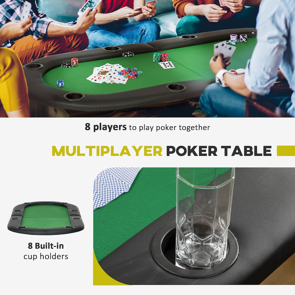 image 1 of HOMCOM 8 Player Folding Poker Table, Oval Portable Blackjack Casino Table with Cup Holder, Felt Top and Metal Base, 183 x 82 x 75cm, Green and Black