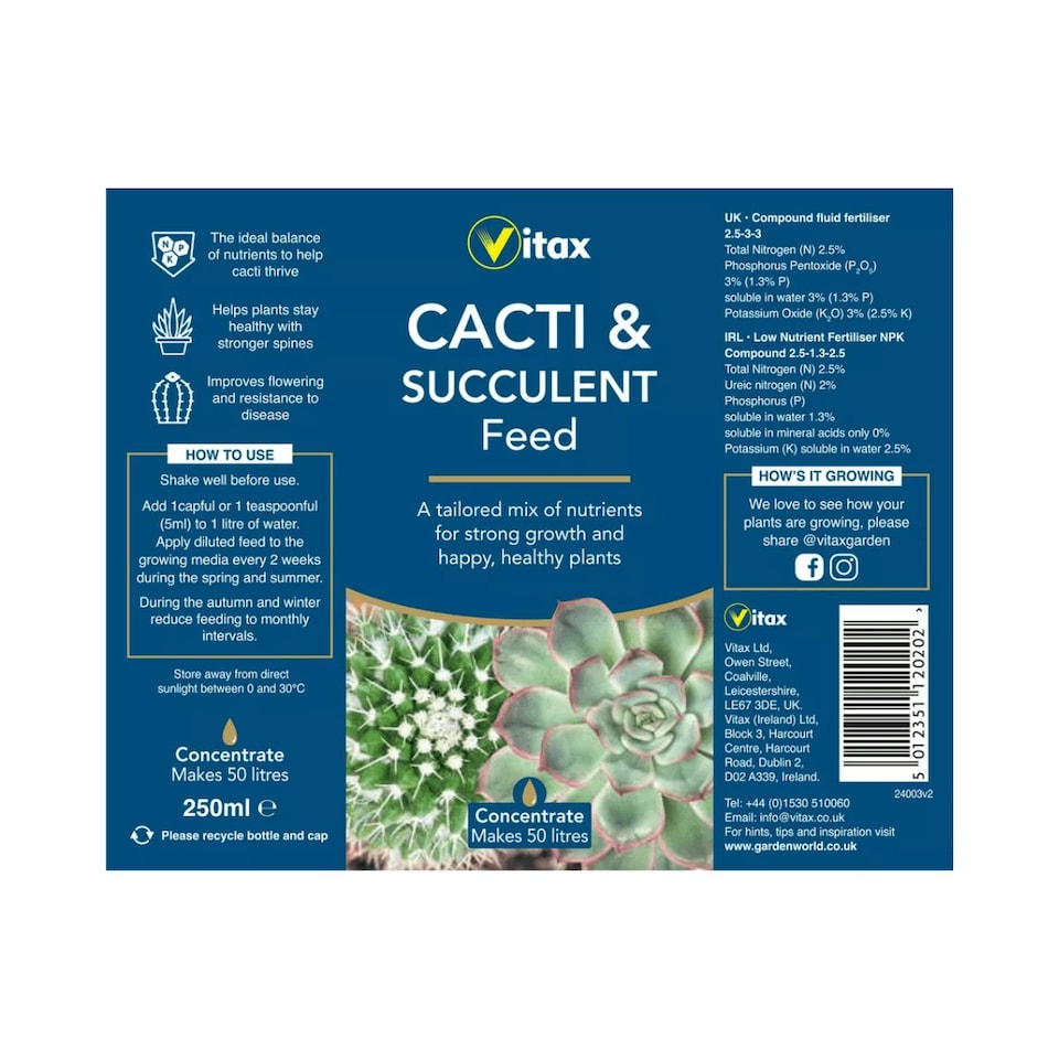 image 1 of Vitax Cacti & Succulent Liquid Feed Concentrate Fertiliser Healthy Growth 250ml