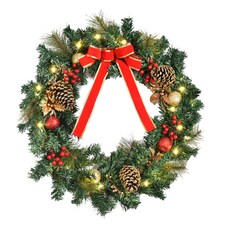 HOMCOM Pre-Lit Artificial Christmas Door Wreath Holly Garland Decor 20 LED