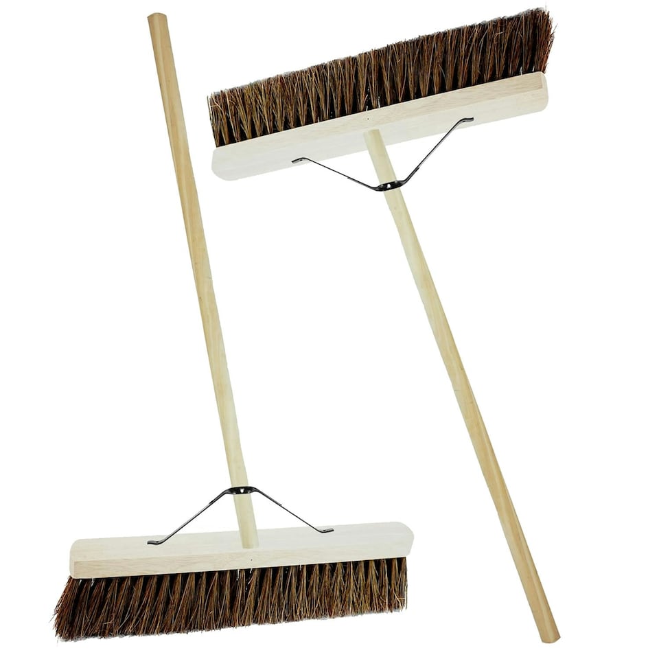 image 1 of 1 x 18" Indoor Outdoor Hard Bristle Bassine Sweeping Broom With Handle Perfect For Home & Garden