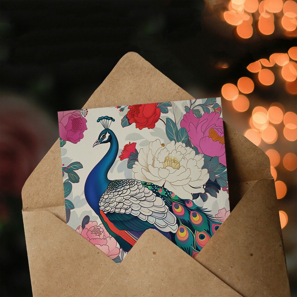 image 1 of Peacock Bird with Peony Flower Pattern Design Birthday Card
