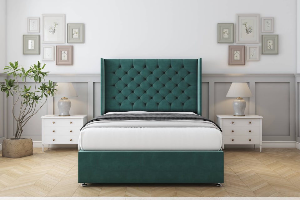 image 1 of Sloomy Dior Emerald Plush Divan Bed Base No Drawers With 54 Inch Wingback Headboard | Green | Emerald | Small Double | 1
