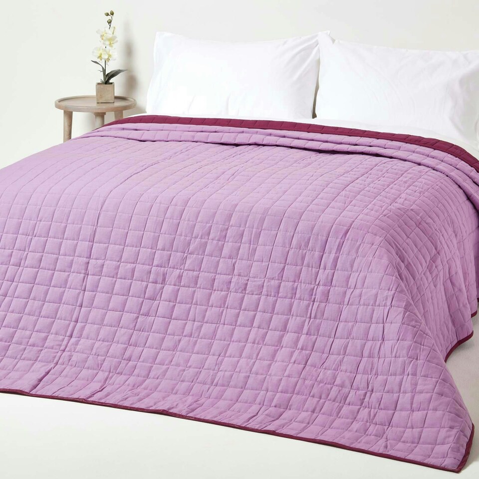 image 1 of Homescapes Cotton Quilted Reversible Bedspread Lavender Purple -150 x 200 cm Purple