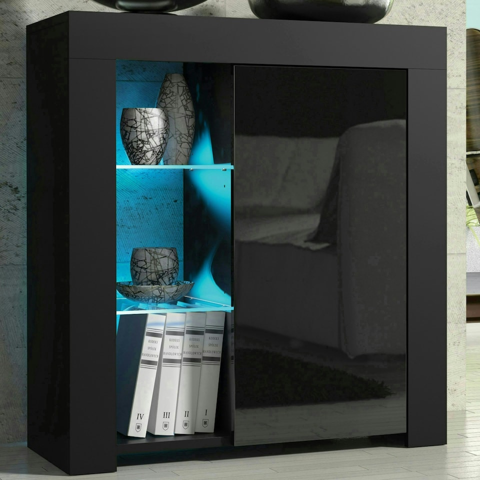image 1 of Sideboard 75cm Black Gloss Door Black Matt Body Glass Shelves Free LED | Black