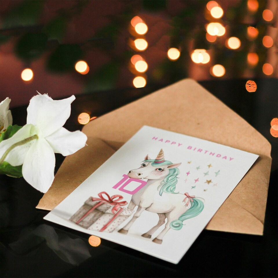 image 1 of Unicorn Stars Present Fun Kids Age 10 Year Child 10th Birthday Card