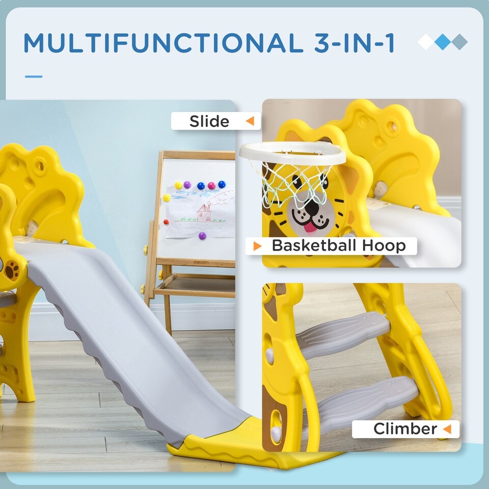 image 1 of AIYAPLAY 3 in 1 Kids Slide for Indoor with Basketball Hoop - Yellow