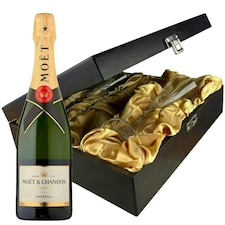 Moet & Chandon Brut Imperial Champagne and Flutes in Wooden Hinged Presentation Box 75cl 12.5% abv