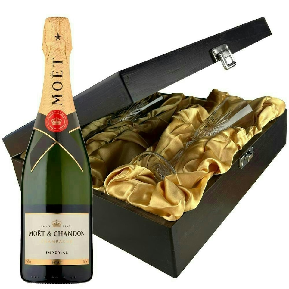 image 1 of Moet & Chandon Brut Imperial Champagne and Flutes in Wooden Hinged Presentation Box 75cl 12.5% abv