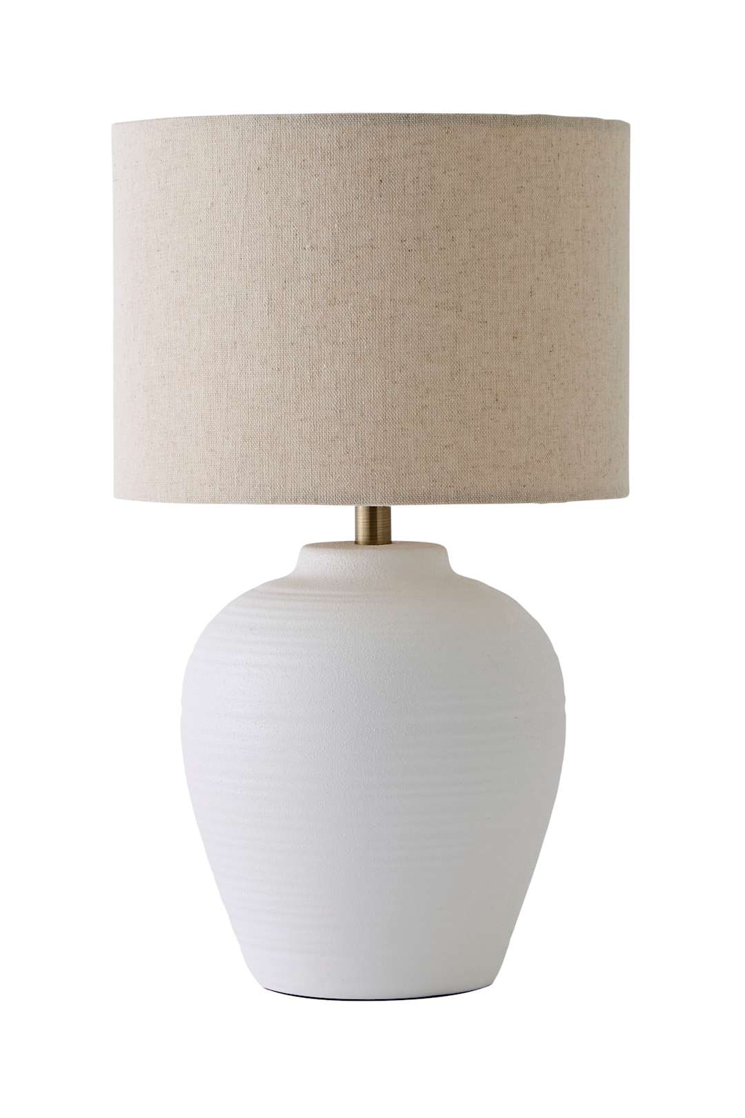ValueLights Reid Linen Drum Lamp Shade Textured Ribbed Ceramic Table Lamp & Bulb in Natural White