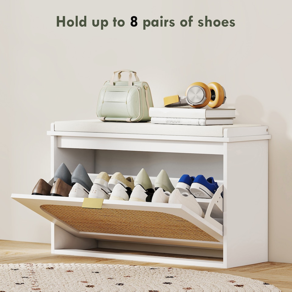 image 1 of HOMCOM Narrow Shoe Bench with Padded Seat and Flip-Drawer, Boho Shoe Storage Bench with Rattan Door and Adjustable Shelf for Hallway, Entryway, Holds 8 Pairs, White | White | White