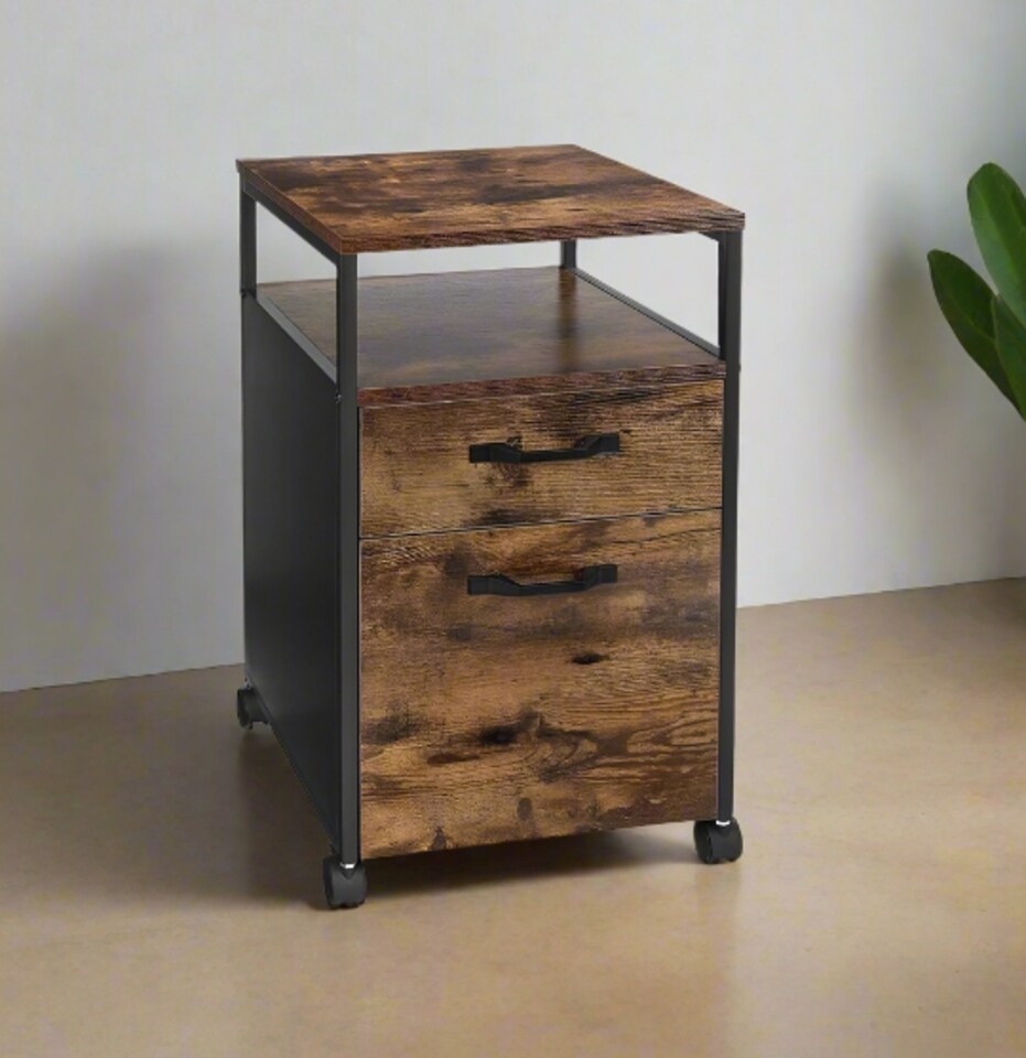 image 1 of Industrial Mobile Filing Cabinet with Drawer & Wheels – Rustic Brown & Black Office Storage