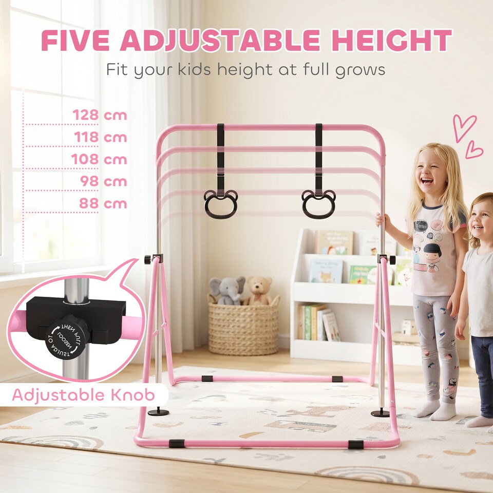 image 1 of HOMCOM Adjustable Height Foldable Kids Gymnastics Bar, Pink