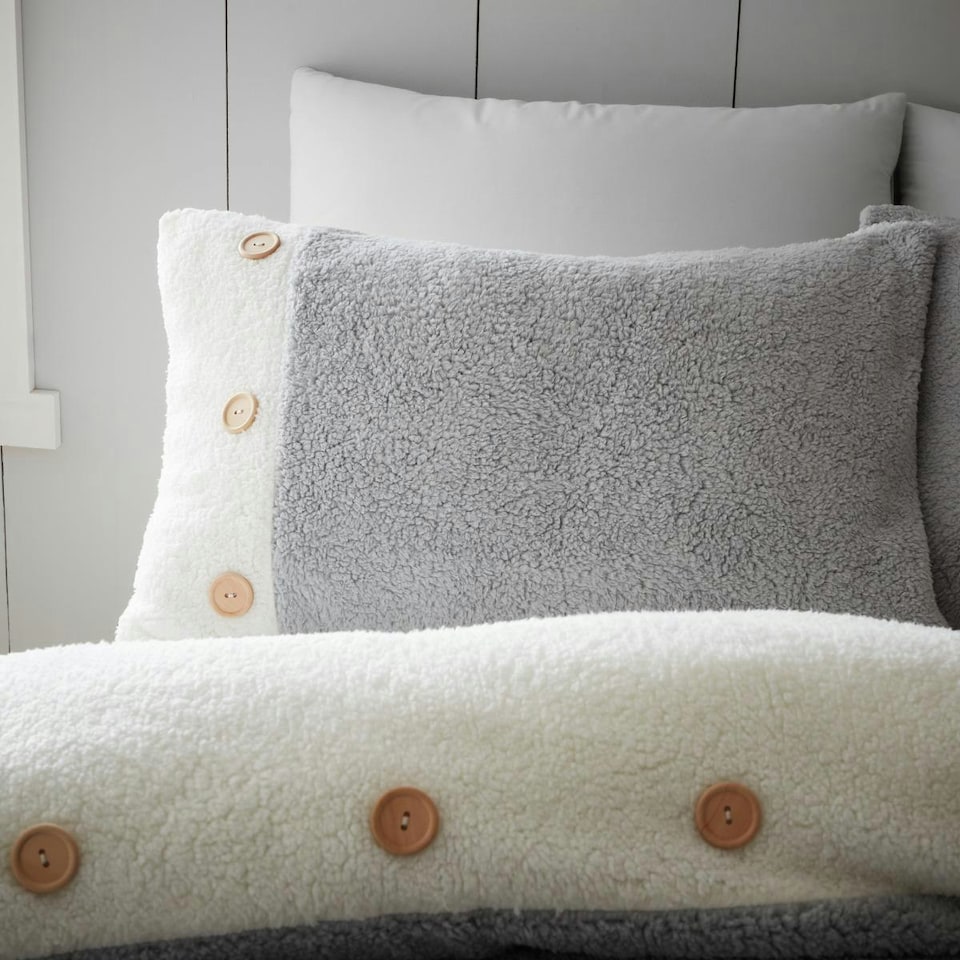 image 1 of Catherine Lansfield So Soft 2 Tone Buttoned Sherpa Grey Duvet Cover Set Grey | Double