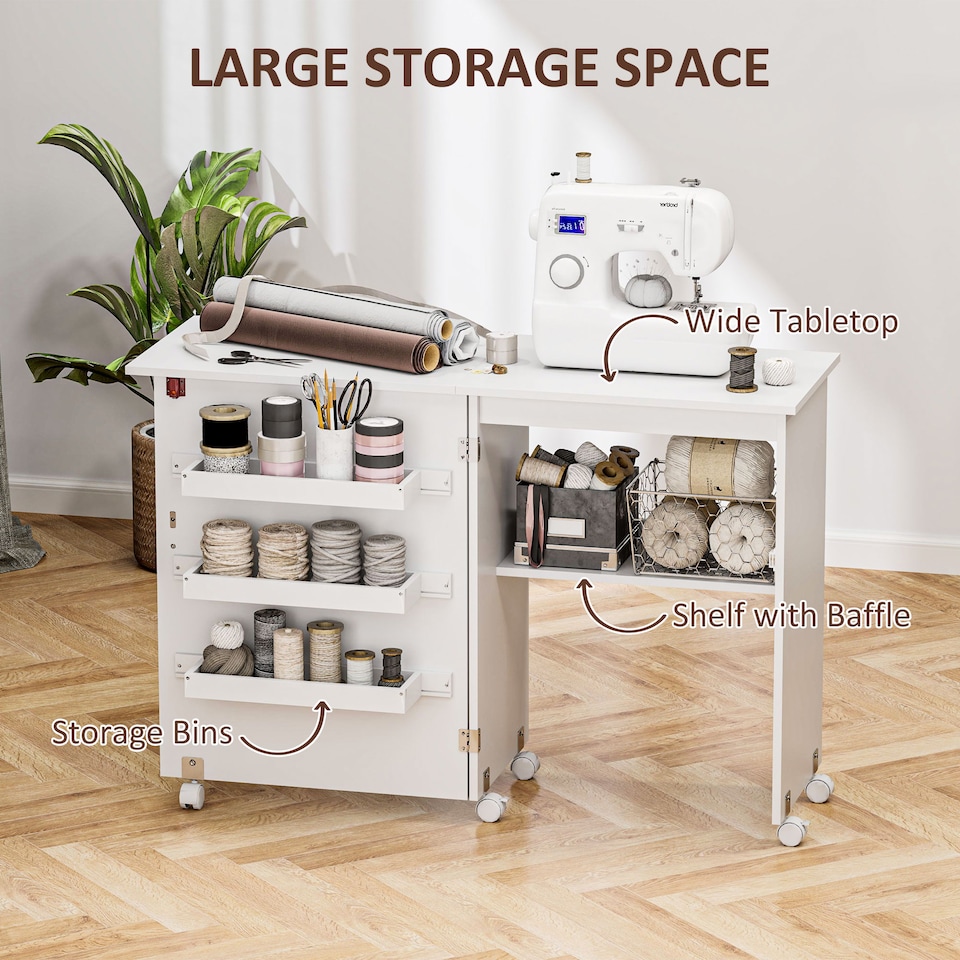 image 1 of HOMCOM Folding Sewing Table Rolling Craft Table with Drop Leaf Wheels White | White
