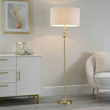 ValueLights Marissa Cream Boucle Shade with Brushed Gold Stacked Ball Floor Lamp with LED Bulb