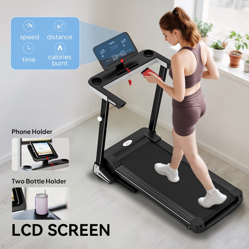image 1 of HOMCOM 2HP Motorised Treadmill 1-12km/h Folding Frame w/ Wheels Preset Programs | Black | Black