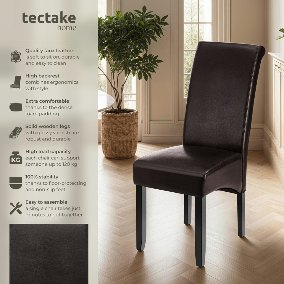 image 1 of Dining Chair - ergonomic seat shape, high backrest, padded, faux leather - Set of 4 Brown