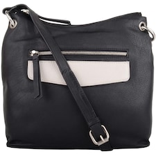 Genuine Soft Leather Cross Body Shoulder Contrast Pocket Handbag Black | Black