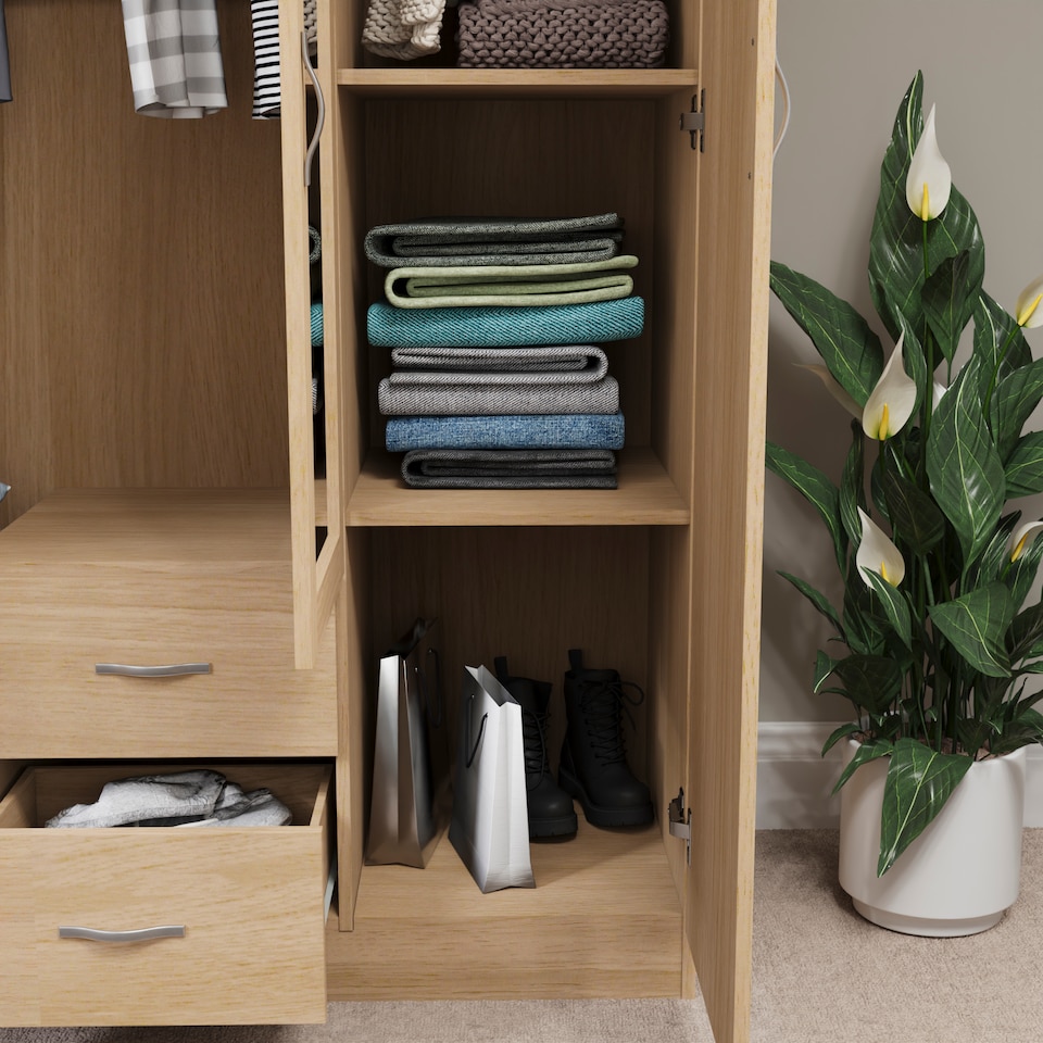 image 1 of Vida Designs Riano 3 Door 2 Drawer Mirrored Wardrobe With Shelf & Clothes Rail, Pine