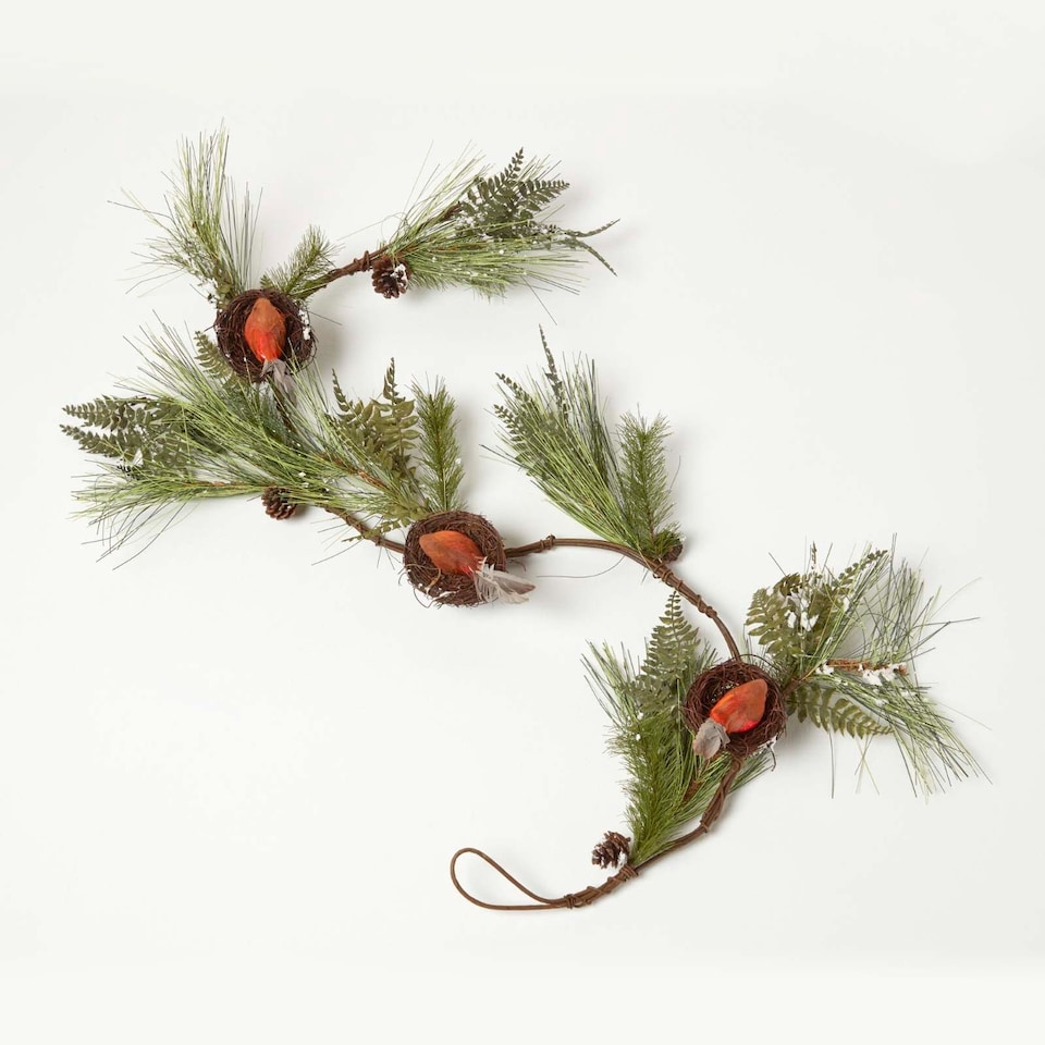 image 1 of Homescapes Festive Christmas Garland with Artificial Pine and Robins Nests 5ft
