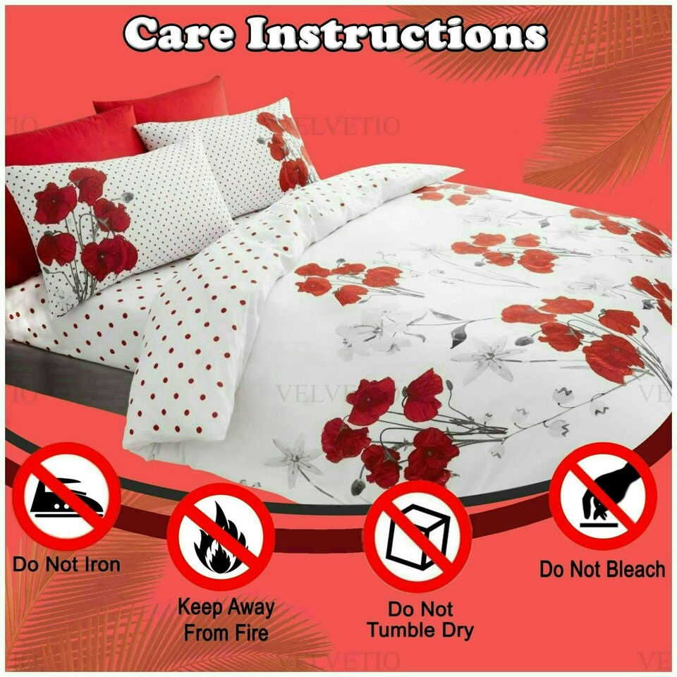 image 1 of VELVETIO Poppy Flower Duvet Cover Set Reversible Polycotton Easy Care Beddings Red | Super King