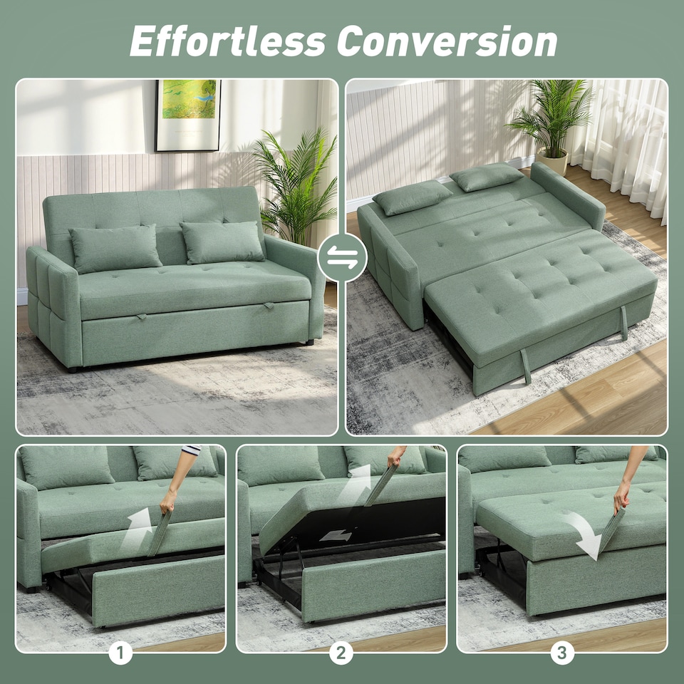 image 1 of HOMCOM 2 Seater Sofa Bed, Convertible Pull Out Bed Settee, Light Green