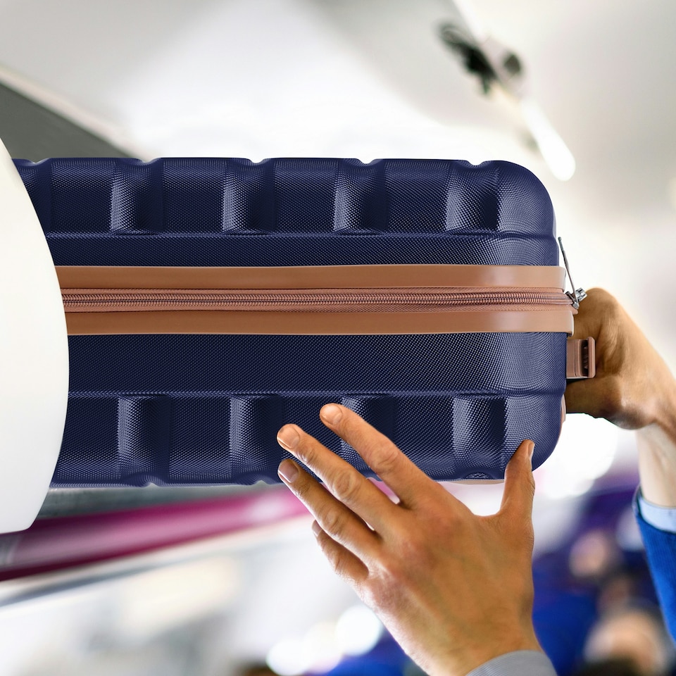 image 1 of 55x35x20cm Carry On Cabin Hard Shell Suitcase - 100+ Airlines Approved Including EasyJet (Paid), British Airways, Ryanair (Priority), TUI Blue | Navy/Tan | Cabin Bag