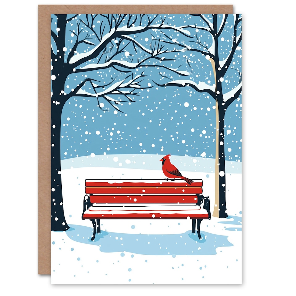 image 1 of Red Cardinal Park Bench Snow Winter Scene Blank For Him Or Her Art Xmas Festive Christmas Card