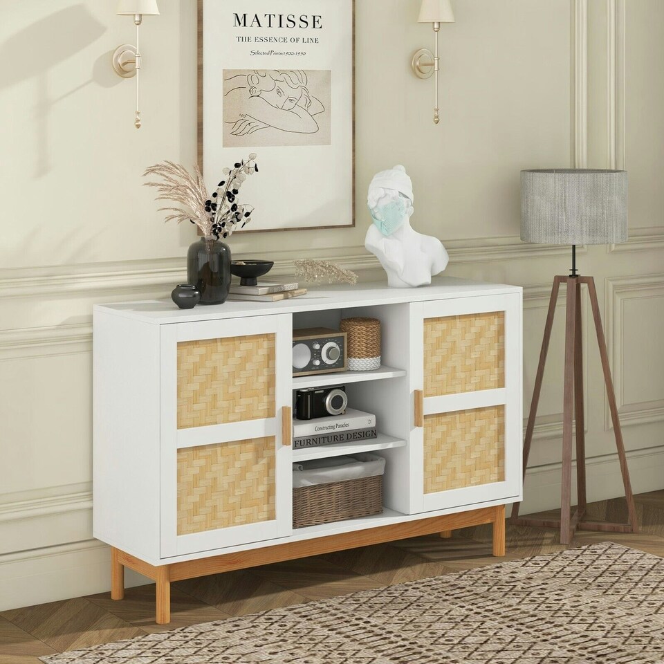 image 1 of COSTWAY 120CM Sideboard Buffet Cabinet w/3 Open Shelves White