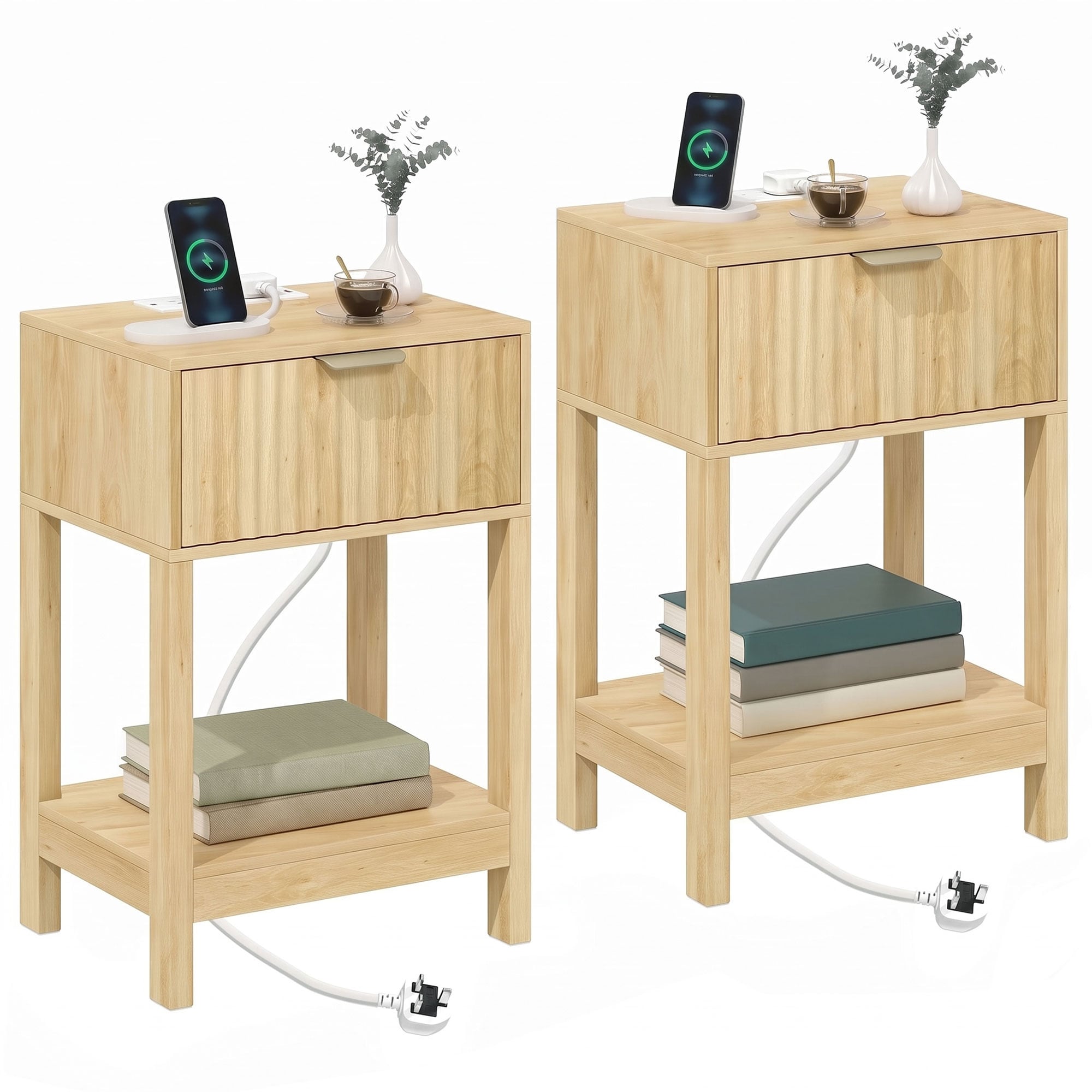 HOMCOM Fluted Bedside Table with Charging Station, Set of 2 Bedside Cabinet