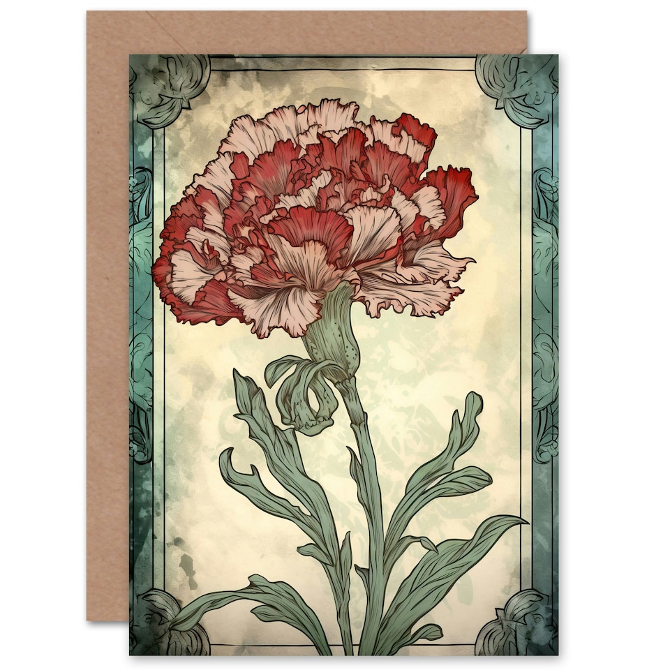 image 1 of Red Carnation Flower Art Nouveau Floral Birthday Card