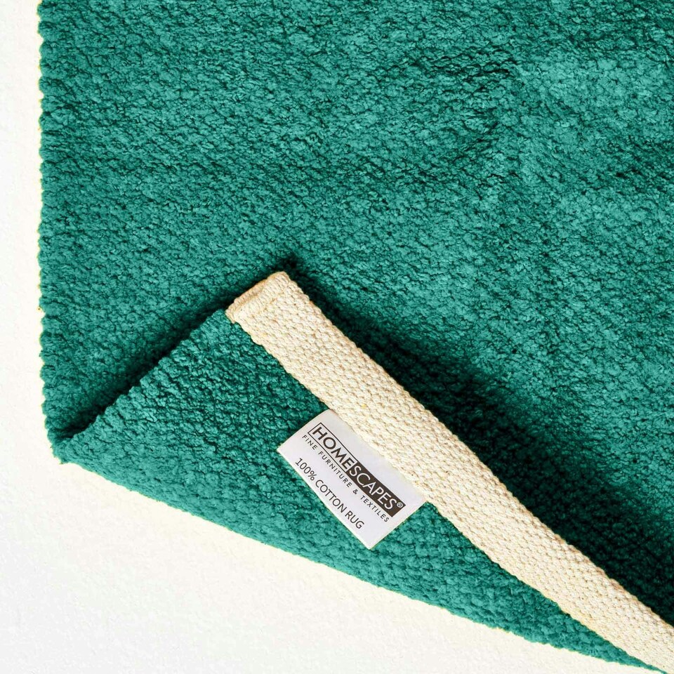 image 1 of Homescapes Teal Green 100% Cotton Plain Chenille Rug with Natural Trim - 90 x 150 cm | Green | 90 x 150 cm