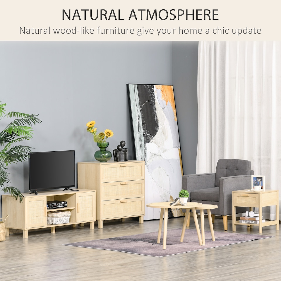 image 1 of HOMCOM Nightstand with Rattan Drawer and Storage Shelf, Bedside End Table for Bedroom, Living Room