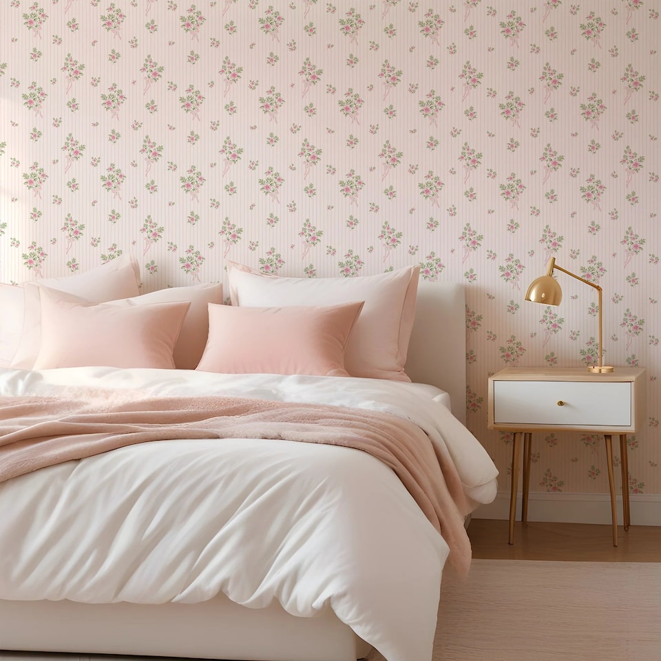 image 1 of Floral Bouquet Pinstripe Wallpaper in Light Pink and Pink | Pink | Light Pink | 50cm x 10m