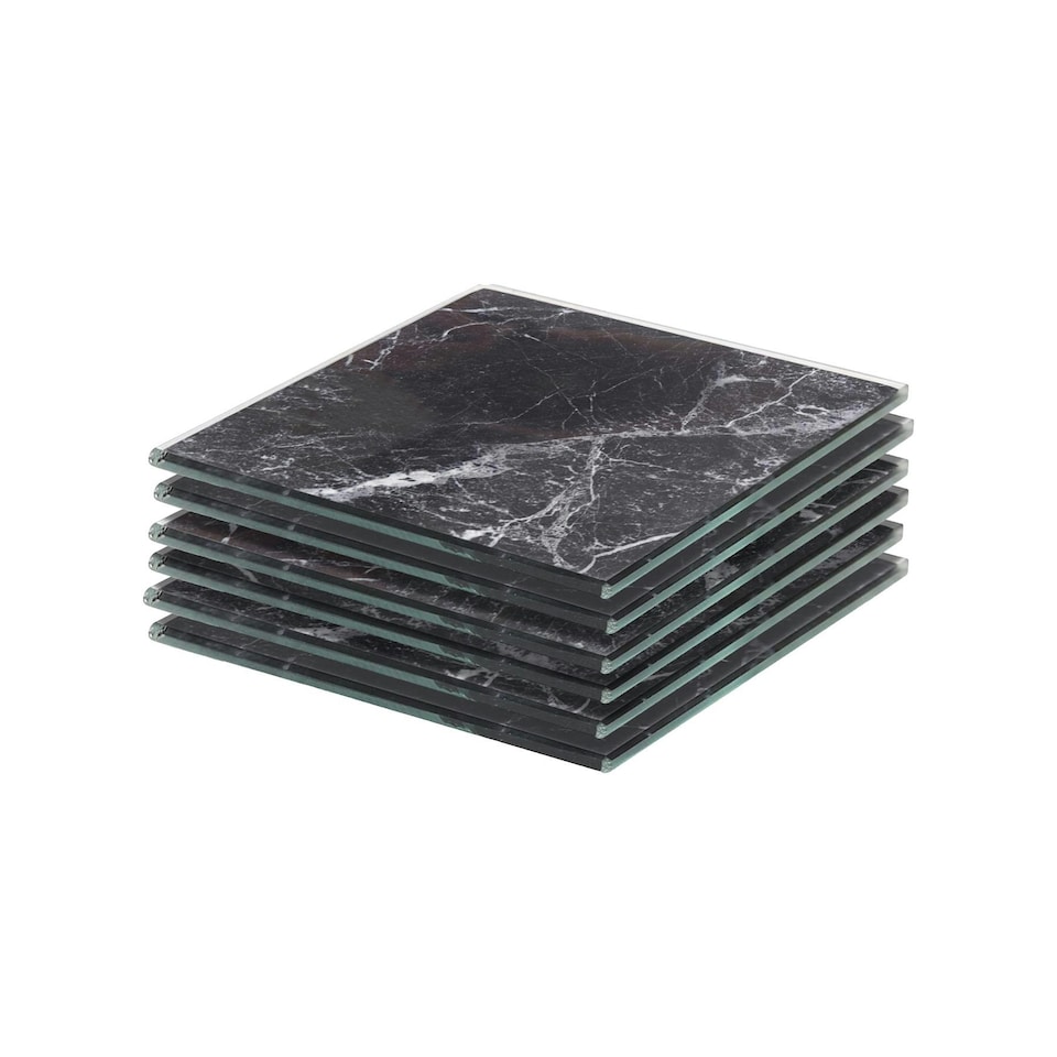 image 1 of Harbour Housewares Black Marble Square Glass Coasters - 10cm - 6pc Heatproof Drink Set