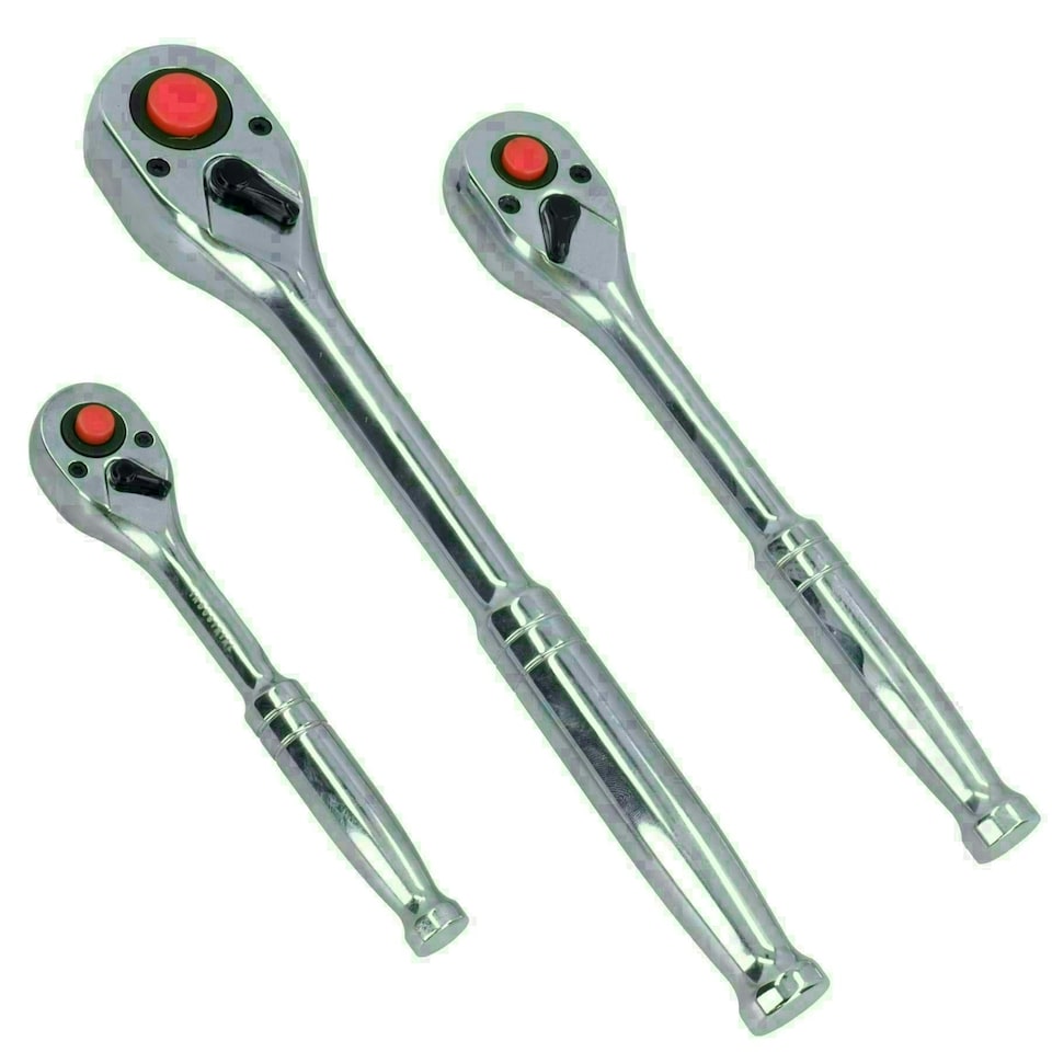 image 1 of 1/4in 3/8in 1/2in Drive Ratchets with Straight Handle 90 Teeth Quick Release 3pc