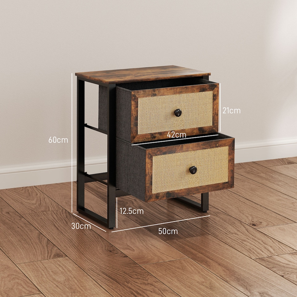 image 1 of HOMCOM Bedside Table, Side Table with 2 Rattan Drawers, Bedside Cabinet with Storage and Steel Legs for Bedroom, Living Room, Rustic Brown