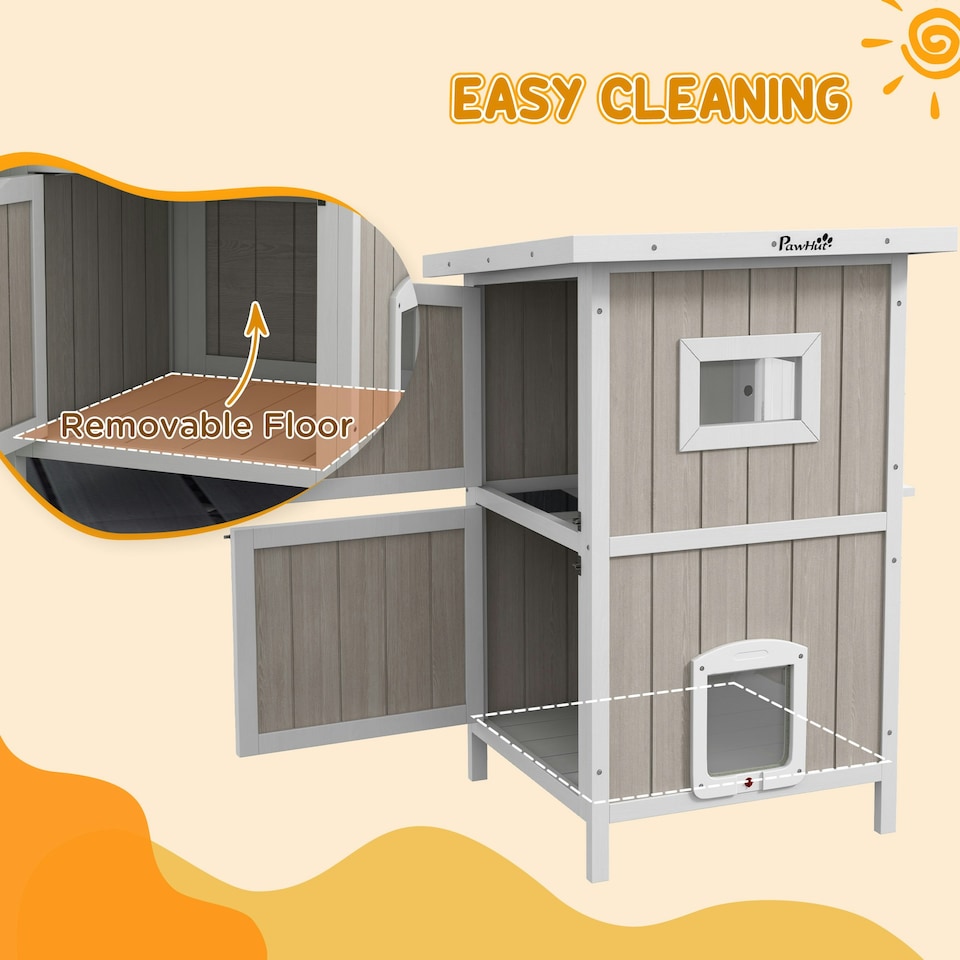 image 1 of PawHut Outdoor Wooden Cat House w/ Removable Bottom, Escape Doors, for 1-2 Cats