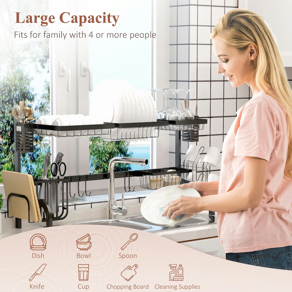 image 1 of HOMCOM Over The Sink Dish Drainer Rack, 2 Tier Dish Rack for Kitchen, Black