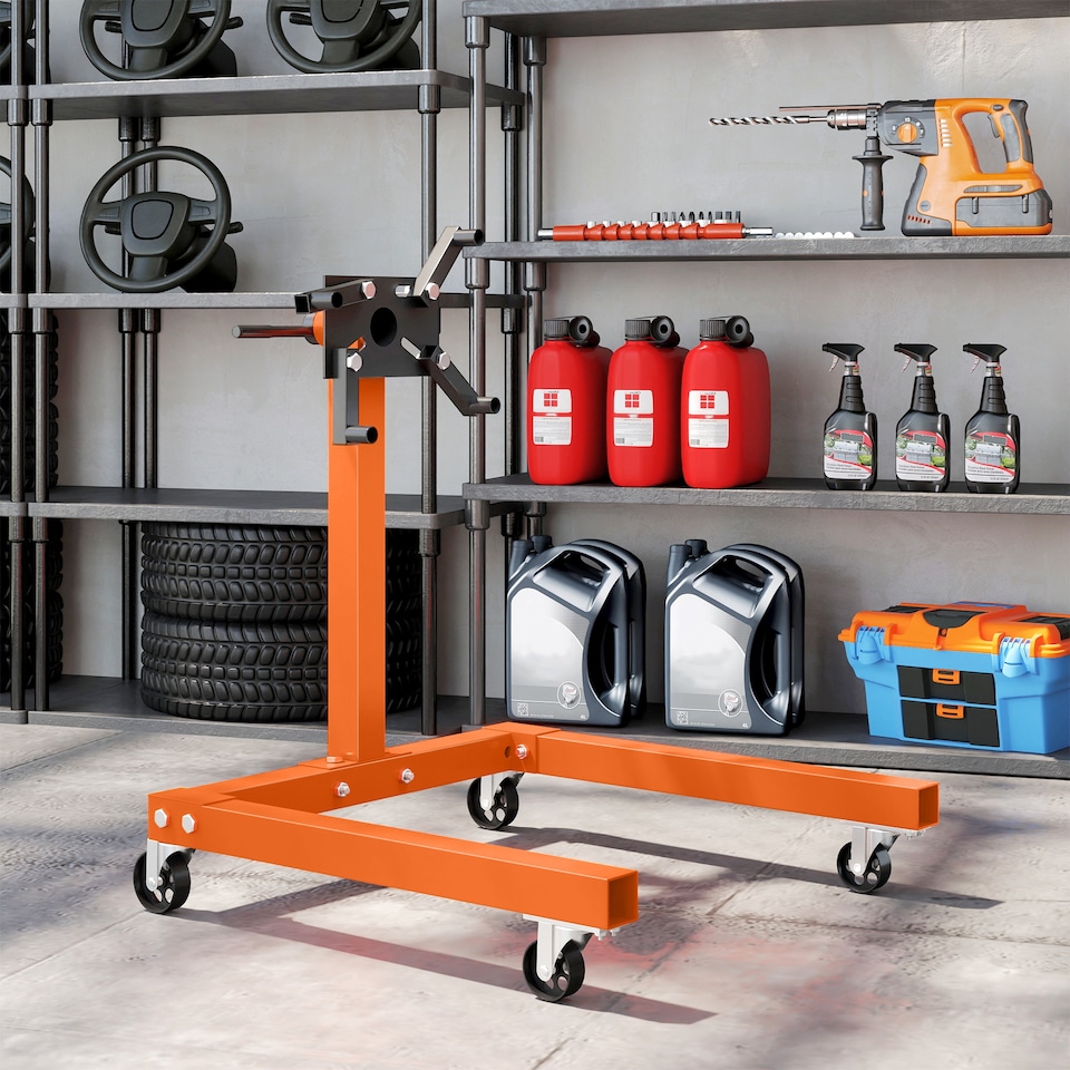 image 1 of HOMCOM Engine Stand, 570 kg Rotating Engine Stand with 360 Degree Adjustable Head, 4 Mounting Arms, Heavy Duty Steel Support, Universal Wheels for Garage Workshop Auto Repair, Orange