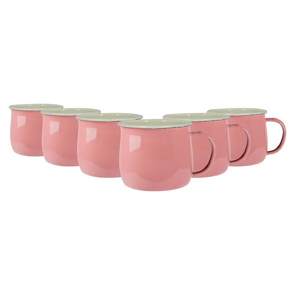 image 1 of Argon Tableware Coloured Enamel Belly Mugs - 375ml - Pink/Cream - Pack of 6 | Pink | Pink/White