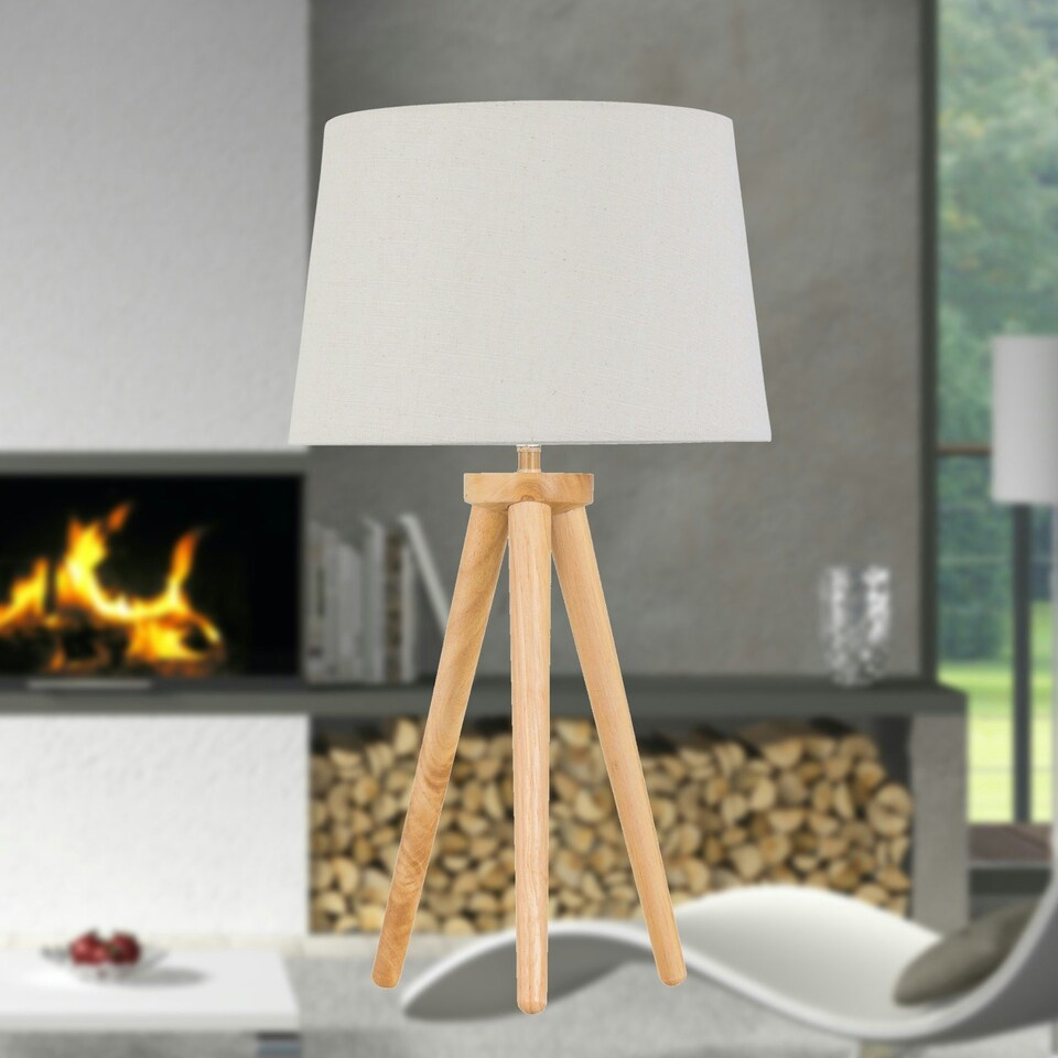 image 1 of Voyage - Light Oak Table Lamp or Bedside Light with Linen Shade Brown | Brown